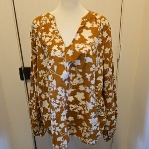 Candace Cameron Bure Floral V-Neck Blouse - Brown and White